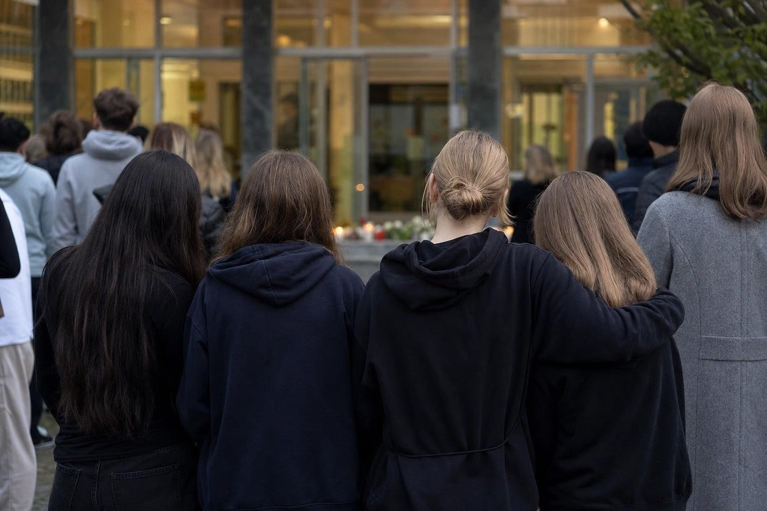 Mehrere junge Frauen stehen mit dem Rücken zur Kamera vor einem Schulgebäude mit Kerzen und Blumen.