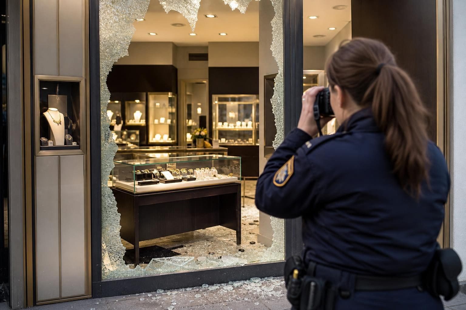 Polizistin fotografiert die eingeschlagene Scheibe eines Juweliergeschäfts mit zerbrochenem Glas auf dem Boden.