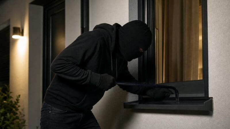 Vermummter Einbrecher in schwarzer Kleidung hebelt mit Brecheisen ein Fenster auf