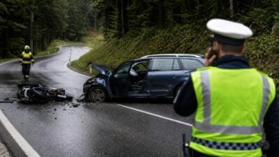 Polizist steht vor einem verunglückten Auto und einem Motorrad auf einer Waldstraße