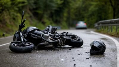 Umgestürztes schwarzes Motorrad mit Helm auf nasser Straße nach Unfall