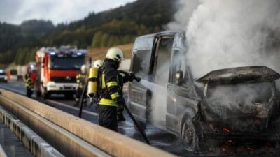 Feuerwehrmann in Schutzkleidung löscht brennenden Transporter auf der Autobahn A2
