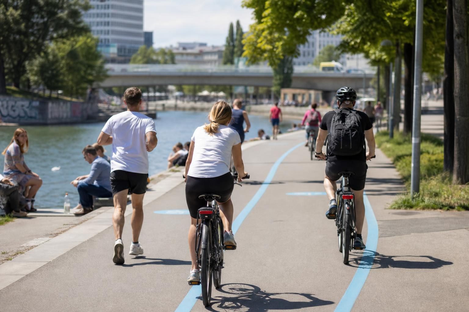 Radfahrer auf blau markiertem Weg am Donaukanal mit Spaziergängern und Stadtansicht