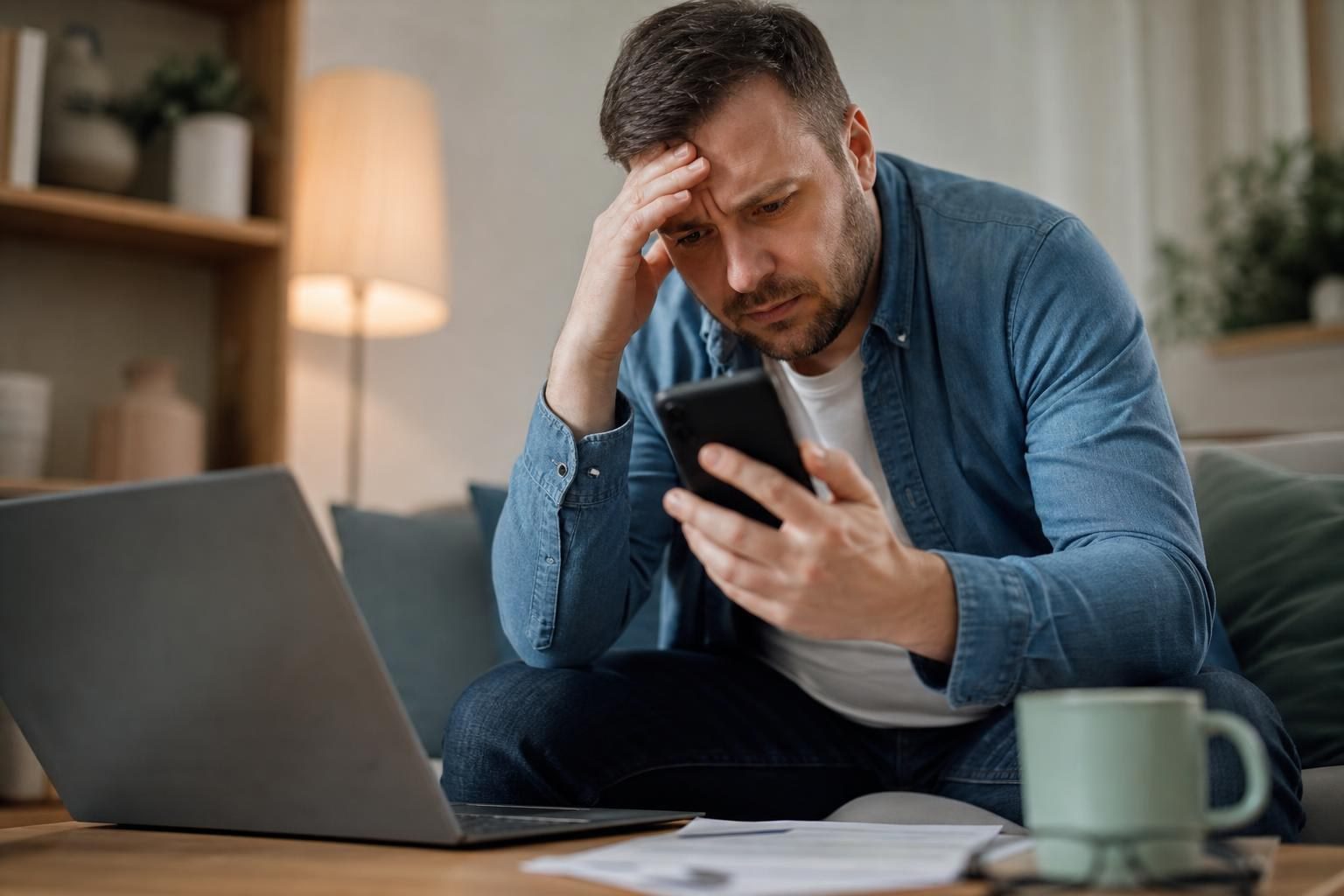 Ein gestresster Mann mit Jeanshemd hält sich den Kopf und schaut auf sein Handy.