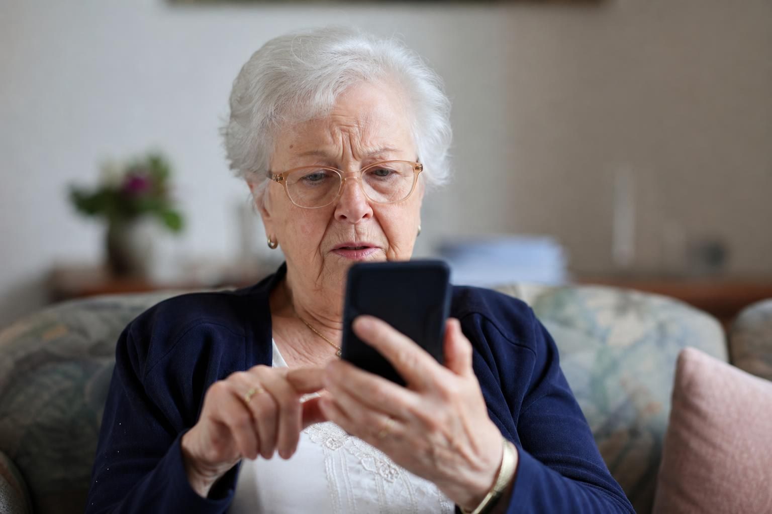 Ältere Frau mit grauem Haar und Brille bedient konzentriert ihr Smartphone