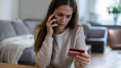 Besorgte junge Frau telefoniert und betrachtet eine rote Kreditkarte