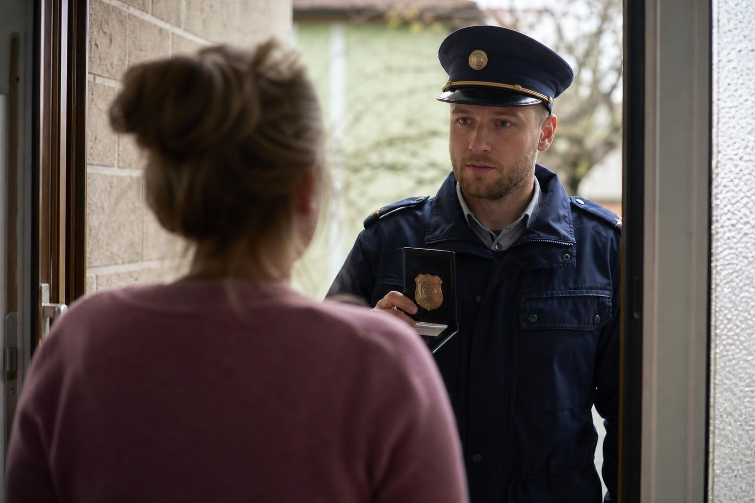 Eine besorgte Frau steht in der offenen Haustür und blickt zu einem Polizisten