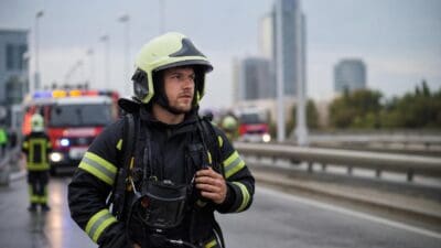 Feuerwehrmann in voller Schutzausrüstung mit Helm auf der Floridsdorfer Brücke