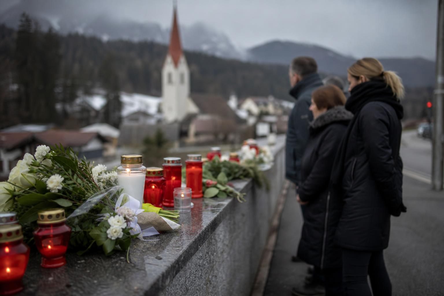 Mehrere Menschen stehen an einer Mauer mit Kerzen und Blumen vor einer Kirche in einem Bergdorf