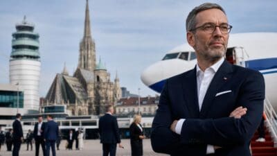 Ein Mann in einem dunklen Anzug mit verschränkten Armen steht vor einem Flugzeug und dem Wiener Stephansdom.