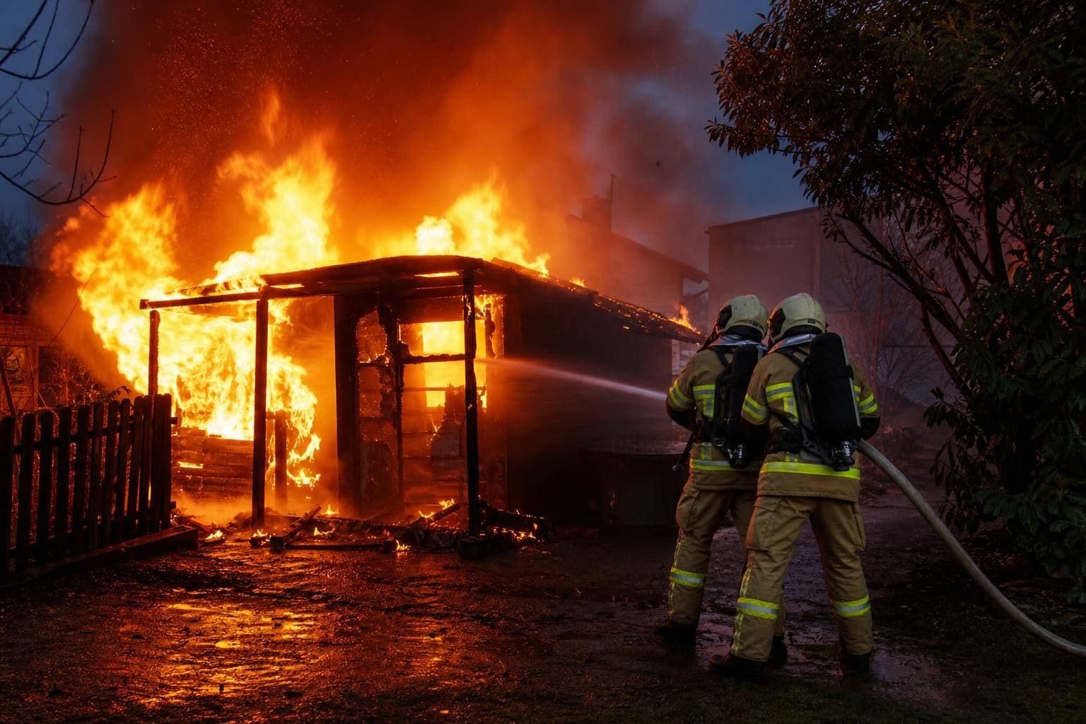 Zwei Feuerwehrleute von hinten spritzen Wasser auf eine lichterloh brennende Gartenhütte.