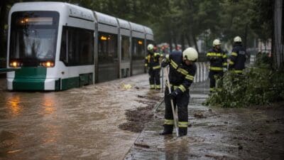 Feuerwehrmänner räumen nach Überschwemmung Schmutz neben einer Straßenbahn weg