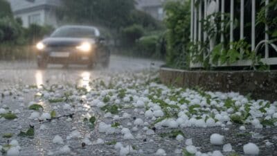 Weiße Hagelkörner bedecken eine nasse Straße bei Regen mit einem Auto im Hintergrund