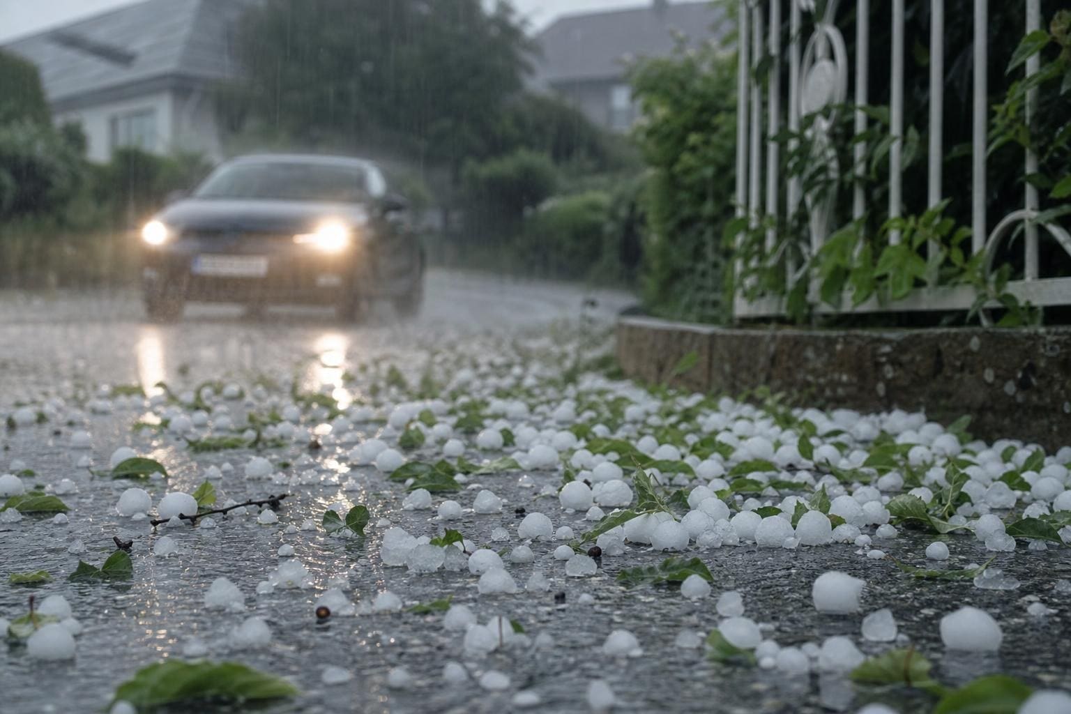 Weiße Hagelkörner bedecken eine nasse Straße bei Regen mit einem Auto im Hintergrund