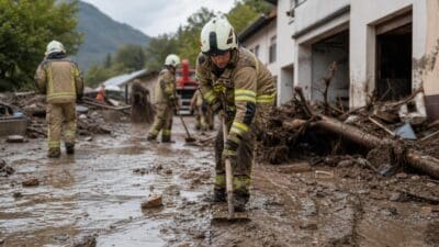 Feuerwehrmänner räumen Schlamm und Trümmer nach einer Schlammlawine in Kärnten weg