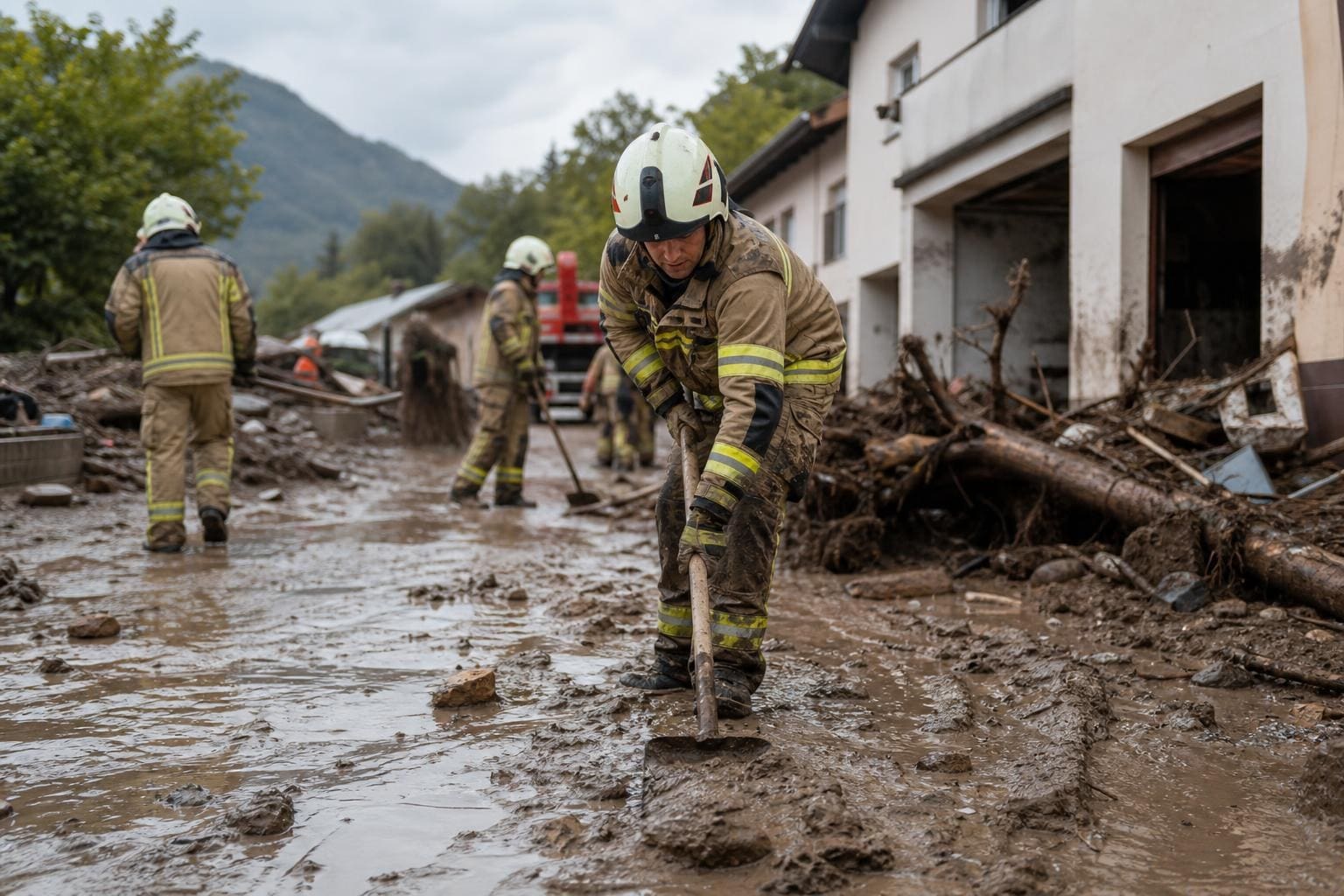 Feuerwehrmänner räumen Schlamm und Trümmer nach einer Schlammlawine in Kärnten weg