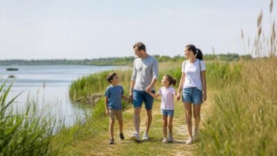 Eine Familie mit zwei Kindern geht Hand in Hand an einem See entlang