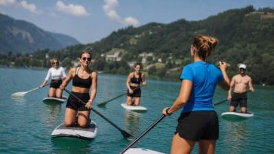 Gruppe von Personen beim Stand-up-Paddling auf einem See mit Bergen im Hintergrund