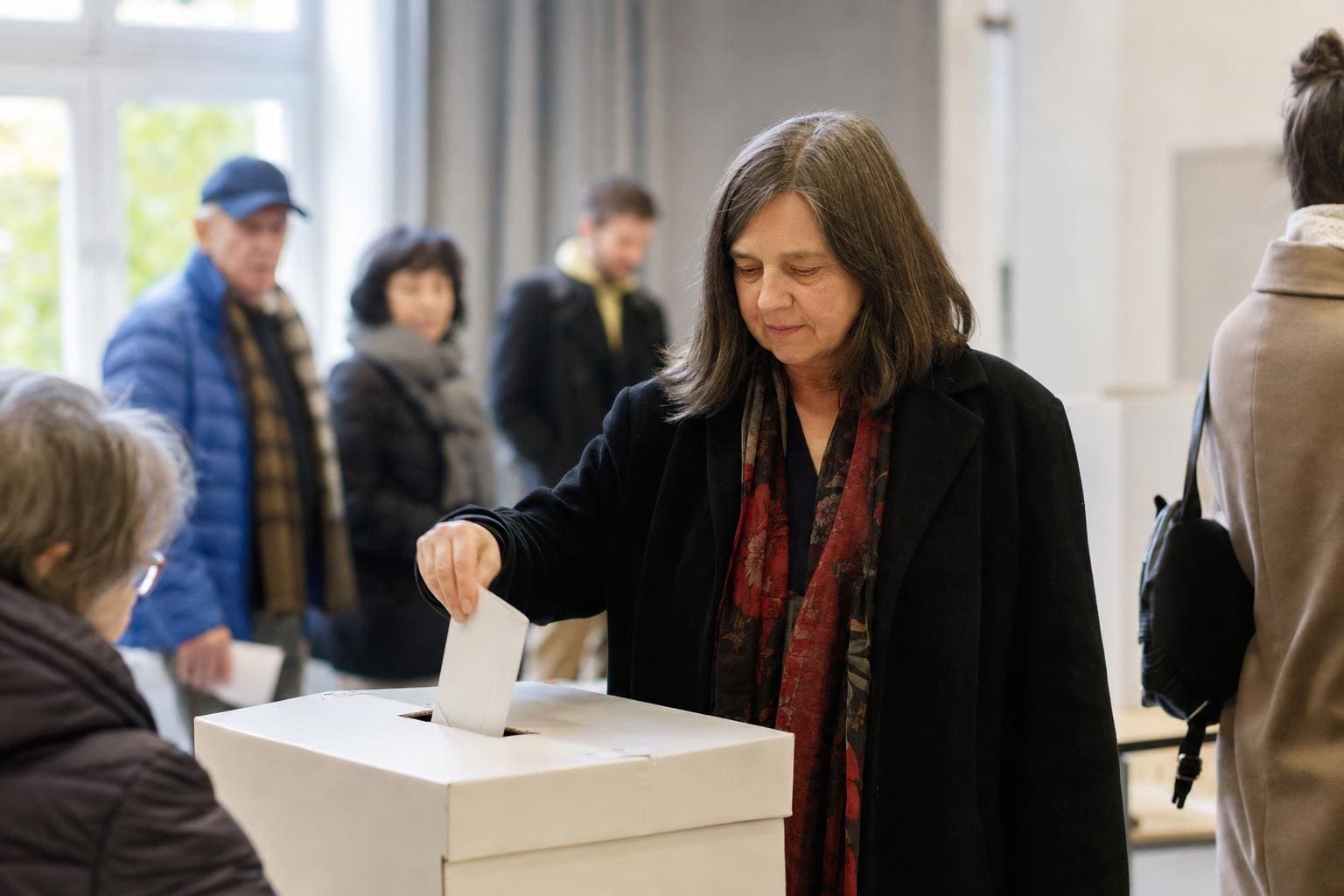 Eine Frau steckt einen Stimmzettel in eine Wahlurne in einem Wahllokal.