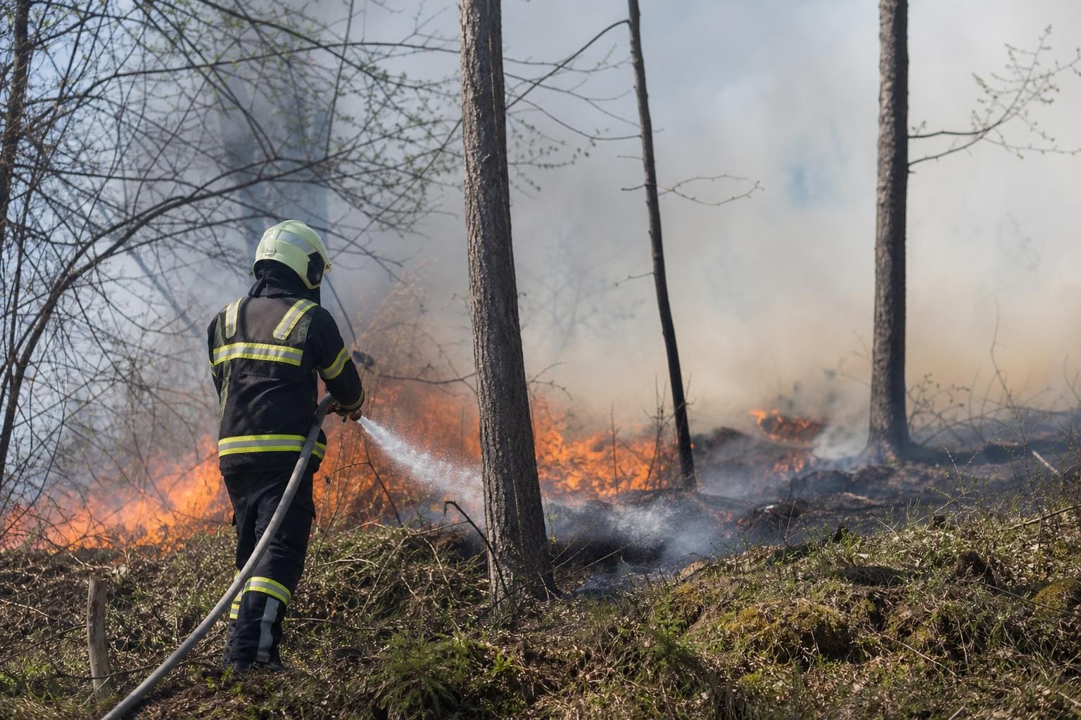 Feuerwehrmann in Schutzkleidung löscht Waldbrand mit Wasserschlauch zwischen Bäumen
