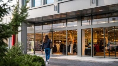Frau in blauer Jacke und Jeans geht auf ein modernes Geschäft mit Glasfassade zu