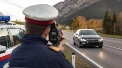 Polizist mit weißer Mütze zielt mit Radarpistole auf schwarzes Auto auf Bergstraße
