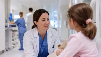 Ärztin in weißem Kittel spricht mit einem jungen Mädchen, das einen Teddybär hält, in einem Krankenhaus.