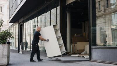 Ein Mann schiebt einen weißen Schrank auf Rollen aus einem Geschäft