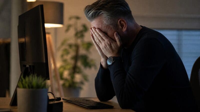 Ein Mann mittleren Alters sitzt verzweifelt vor einem Computerbildschirm und hält sich das Gesicht mit beiden Händen.