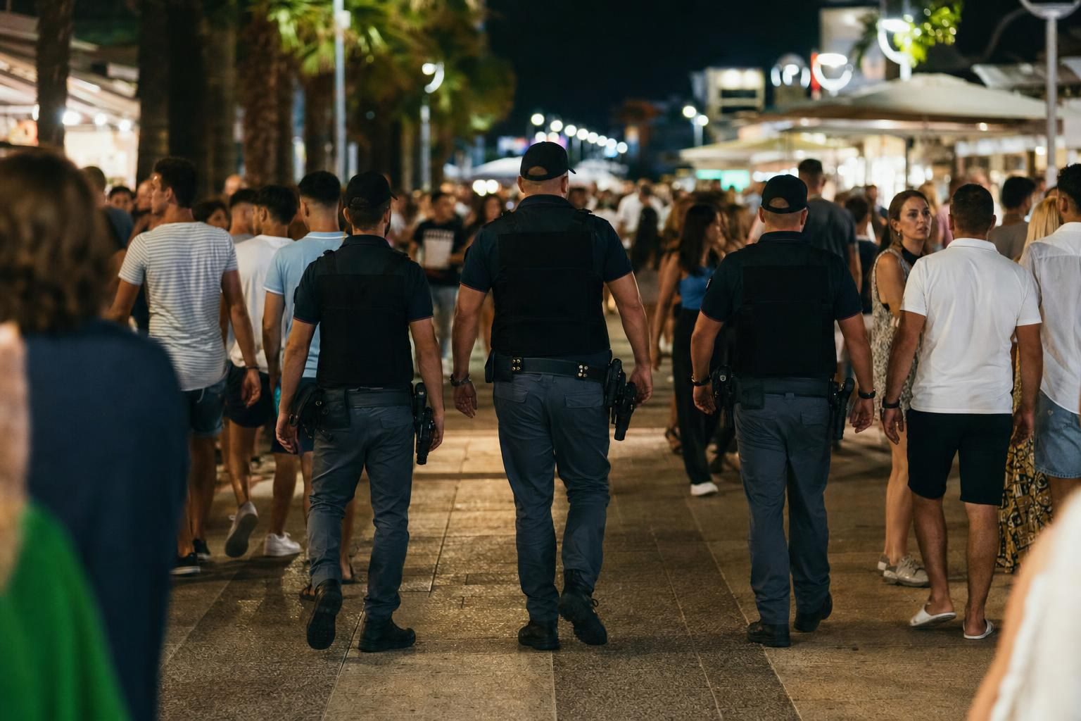 Mehrere Polizisten in Uniform gehen durch eine belebte Fußgängerzone bei Nacht