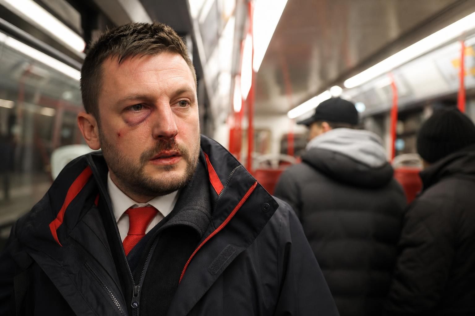 Verletzter Zugbegleiter mit geschwollenem Auge und Bluterguss im Gesicht in Uniformjacke