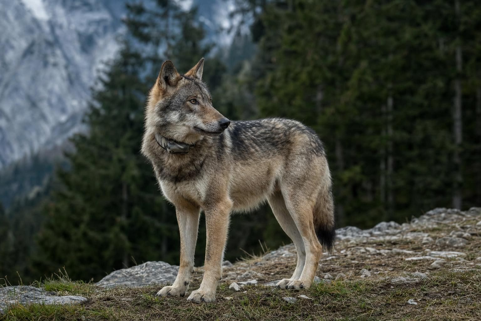 Junger Wolf mit GPS-Halsband steht auf Felsen vor Berglandschaft