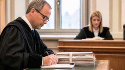 Richter in schwarzer Robe schreibt mit einem Stift Notizen an einem Tisch mit Aktenstapeln in einem Gerichtssaal