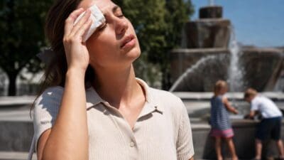 Eine Frau wischt sich mit einem Taschentuch die Stirn vor einem Brunnen.