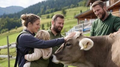Familie mit Kleinkind streichelt eine Kuh auf einem Bauernhof in den Bergen