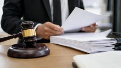 Richterhammer auf einem Holztisch vor einem Stapel Akten und einer Person in Anzug mit Dokumenten