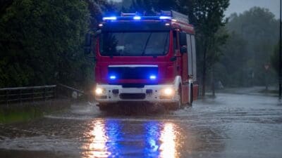 Rotes Feuerwehrauto mit Blaulicht fährt durch überflutete Straße bei Regen