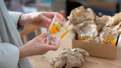 Hände halten ein Trinkglas mit Orangenmotiv und weißen Punkten