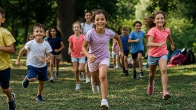 Mehrere Kinder laufen lachend über eine Wiese in einem Park