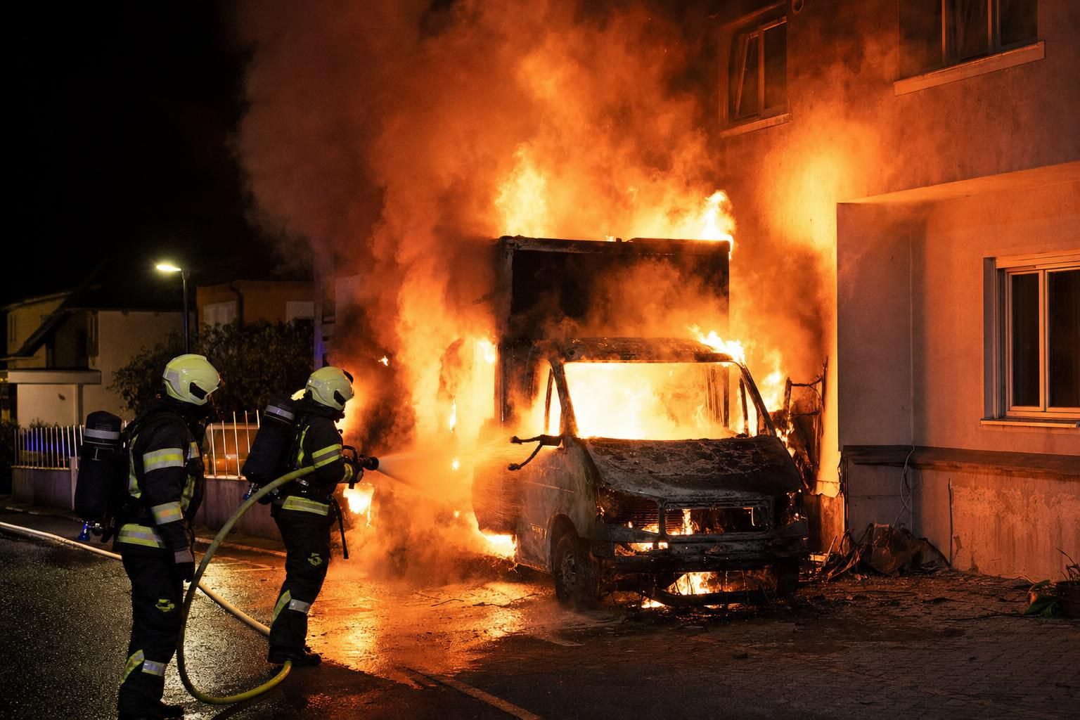 Zwei Feuerwehrleute löschen einen brennenden Transporter neben einem Gebäude bei Nacht