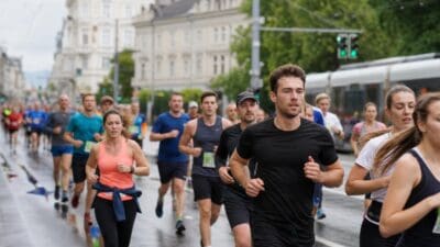 Gruppe von Läufern auf nasser Straße mit Gebäuden und Straßenbahn im Hintergrund