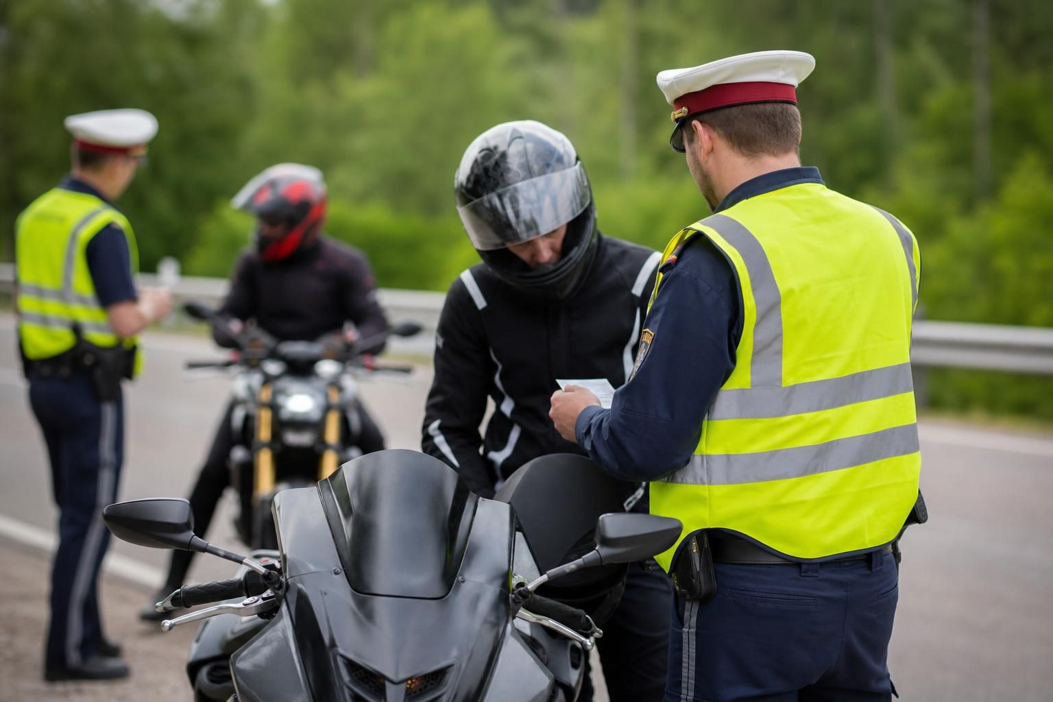 Polizist in gelber Warnweste kontrolliert Motorradfahrer auf einer Landstraße