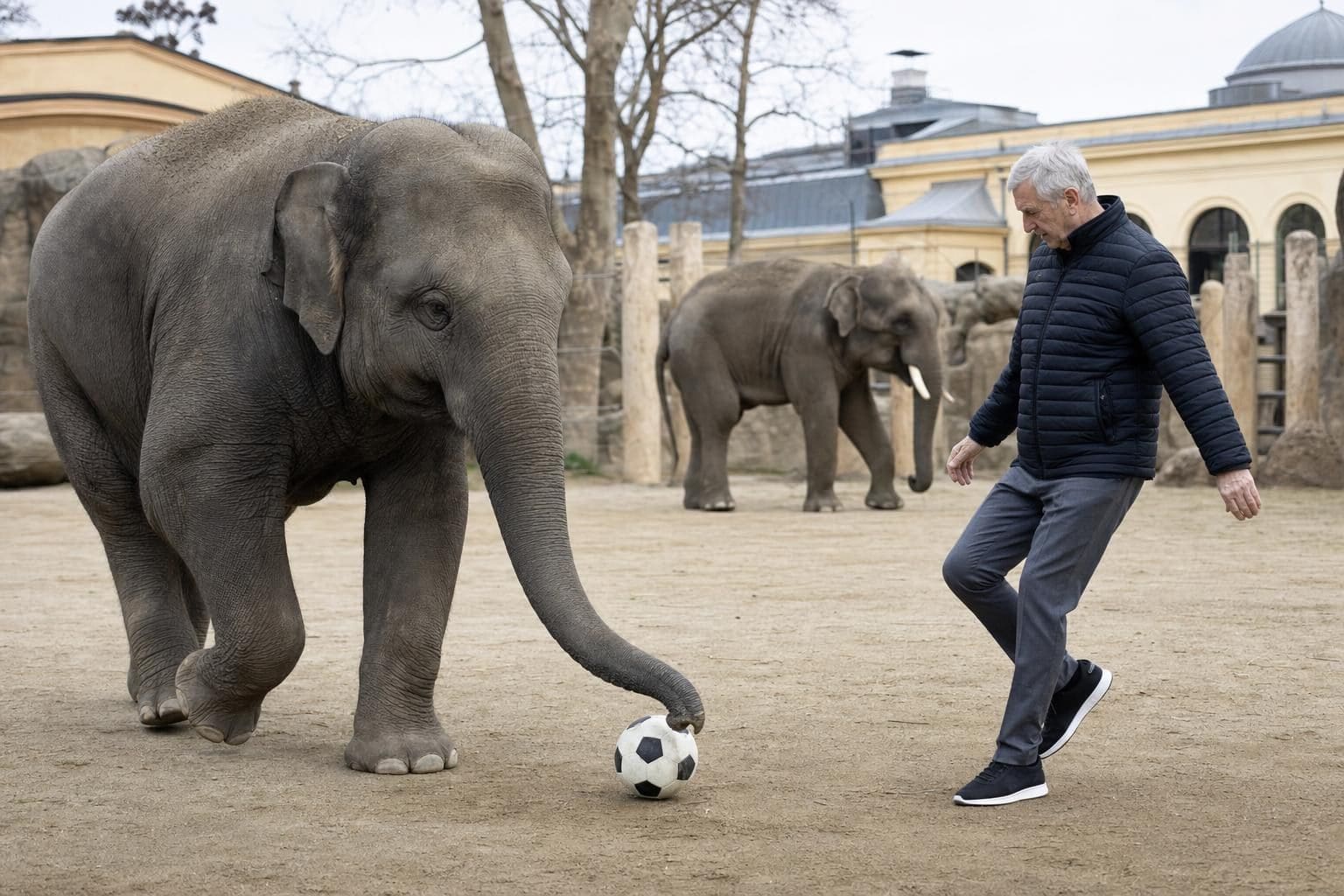 Ein Elefant berührt mit seinem Rüssel einen Fußball, ein Mann steht daneben.