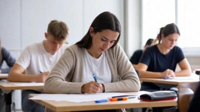 Junge Frau schreibt konzentriert bei einer Prüfung in einem Klassenzimmer mit weiteren Schülern im Hintergrund