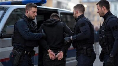 Polizisten in Uniform führen einen in Handschellen gefesselten Mann zu einem Einsatzfahrzeug.