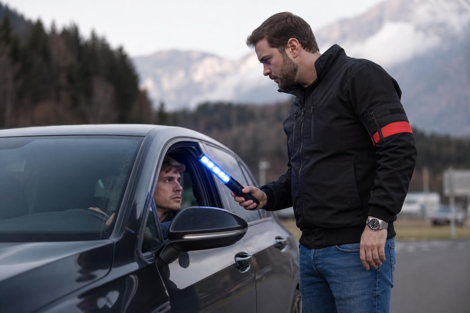 Mann in schwarzer Jacke hält leuchtenden blauen LED-Balken an das Fenster eines grauen Autos