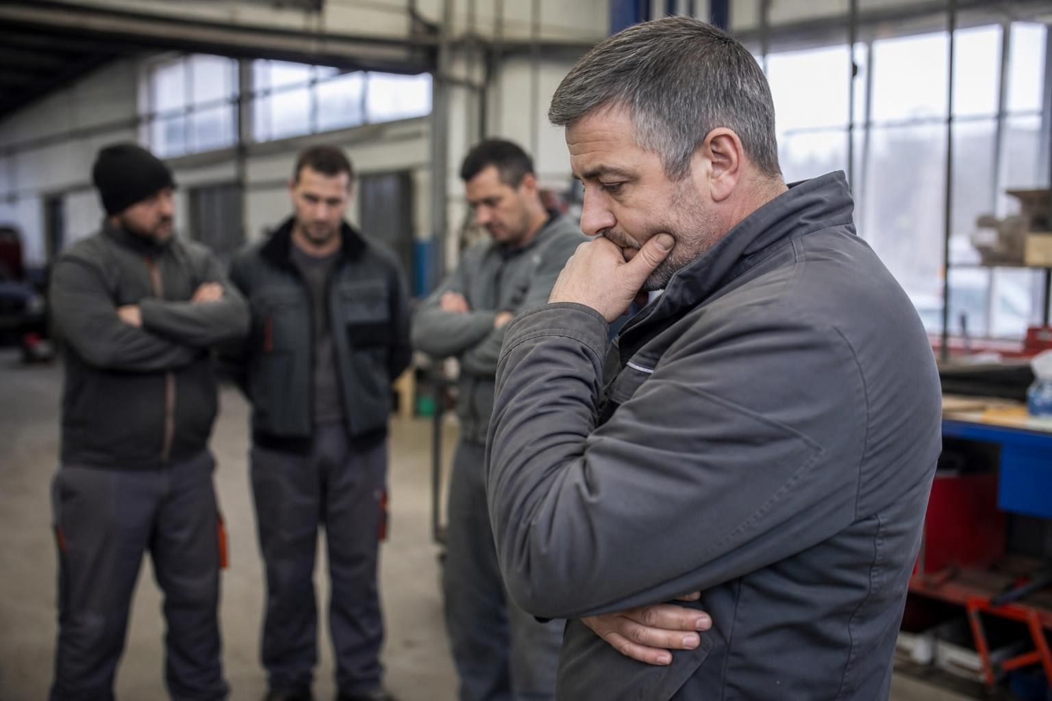 Vier Männer in grauer Arbeitskleidung stehen in einer Werkstatt, einer wirkt besorgt