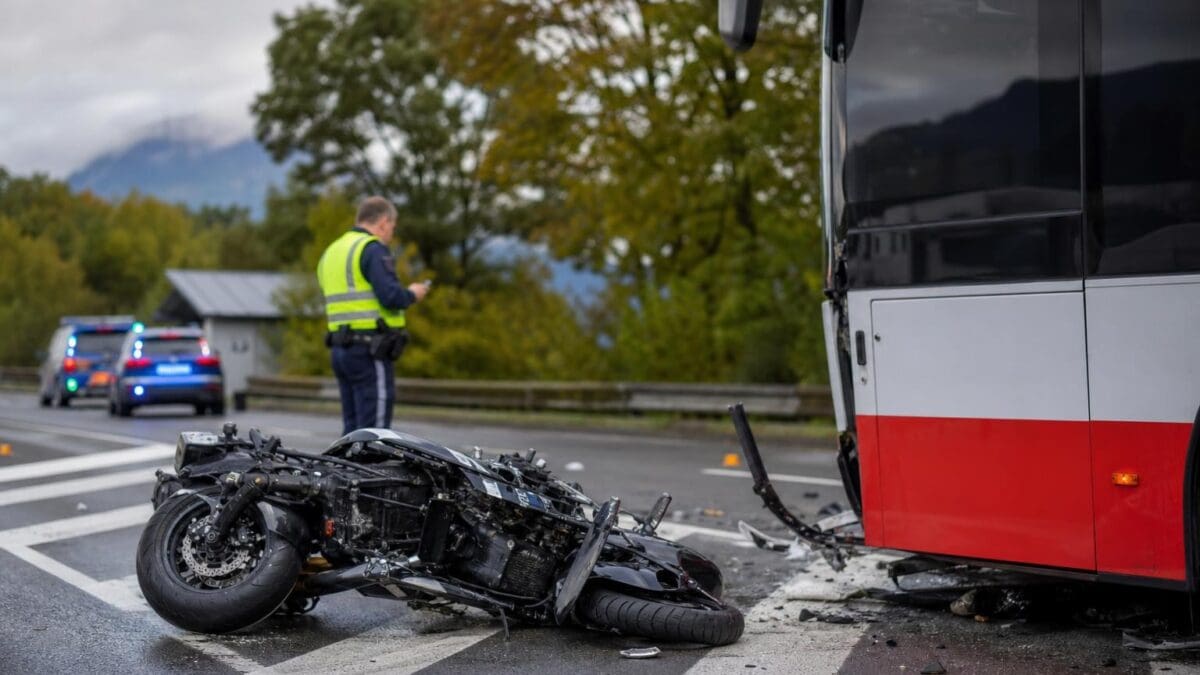 Umgestürztes Motorrad liegt neben beschädigtem Linienbus an einer Unfallstelle auf der Straße