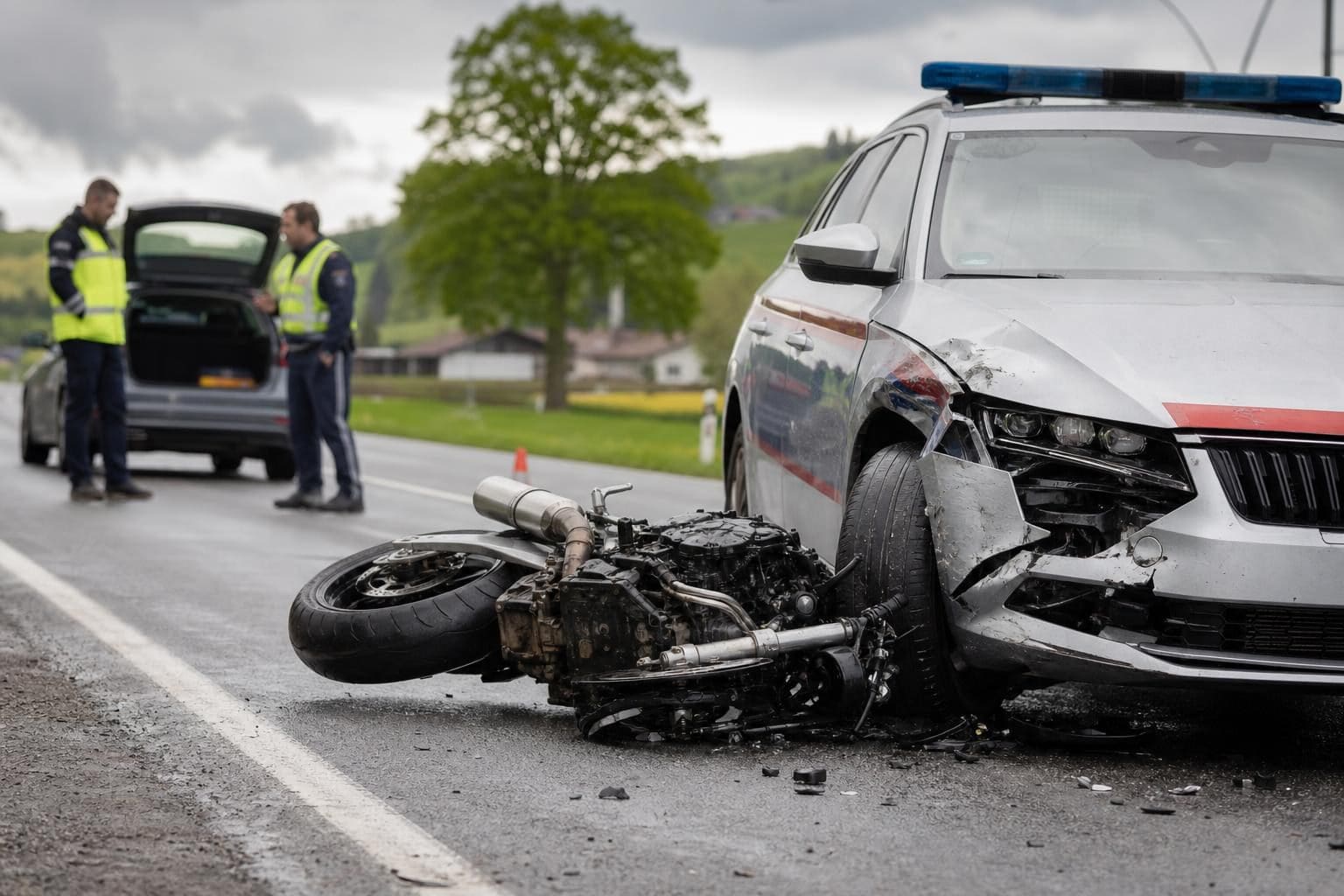 Beschädigtes Polizeiauto mit Blaulicht und umgestürztes Motorrad auf der Straße
