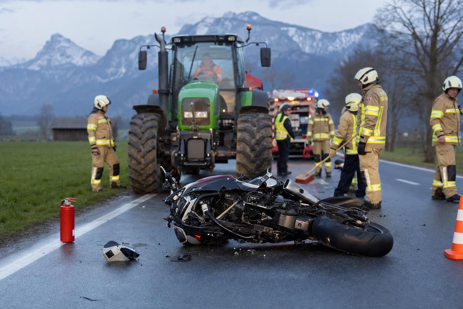 Umgestürztes Motorrad auf der Straße mit grünem Traktor und Feuerwehrleuten am Unfallort